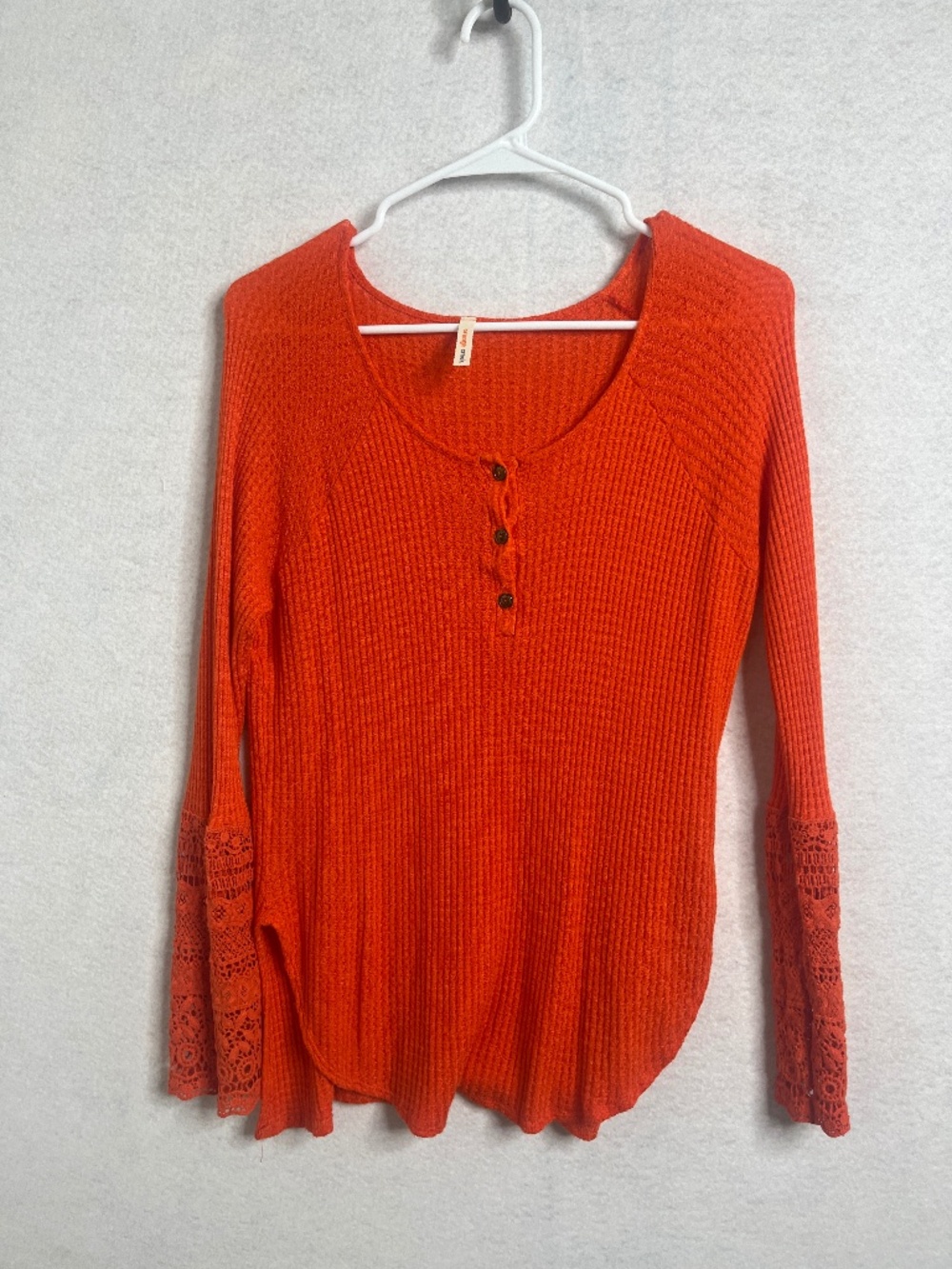 Orange Creek Boho Thermal Top Orange Lace Sleeve Henley